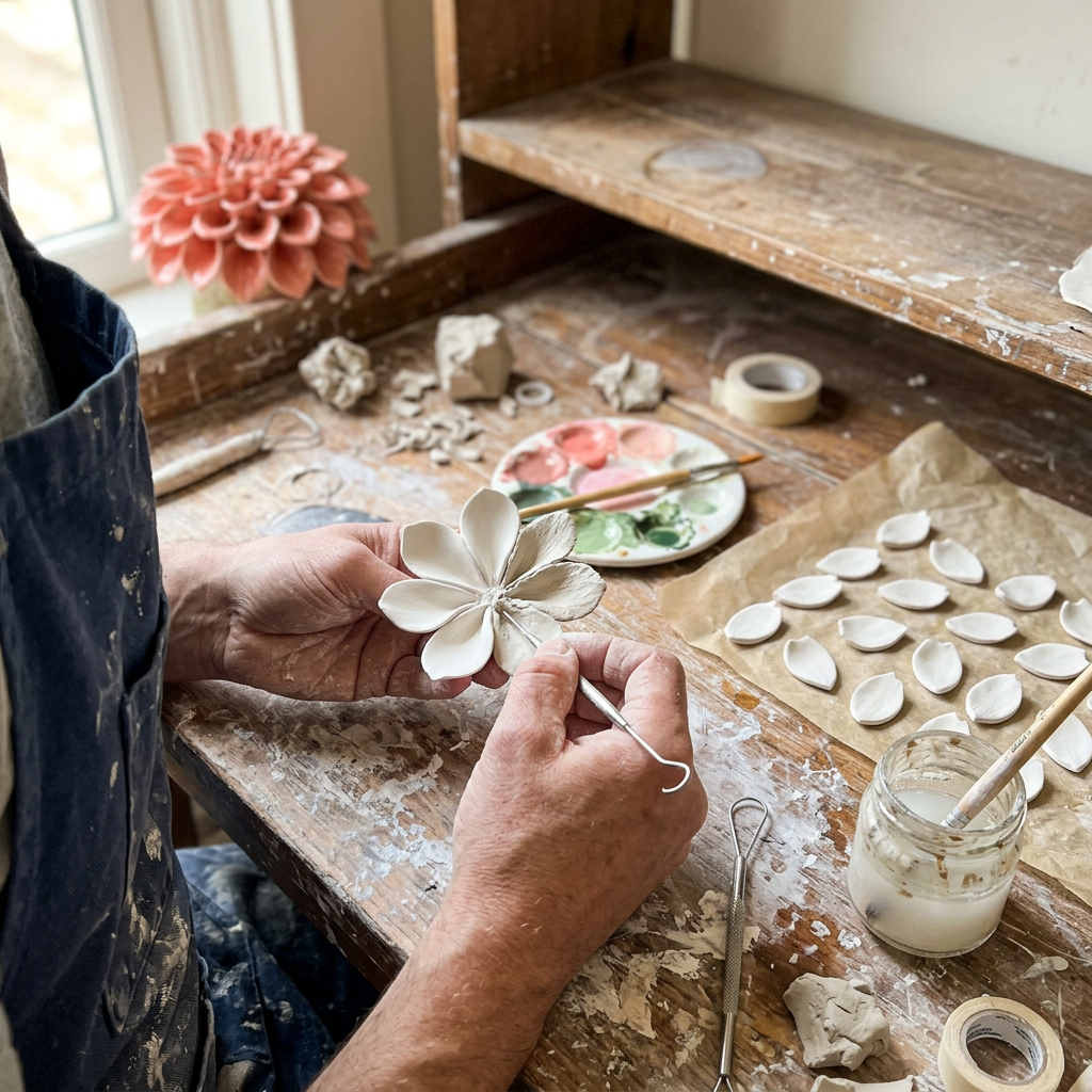 Ceramicist hand-shaping porcelain flower petals at a workshop bench